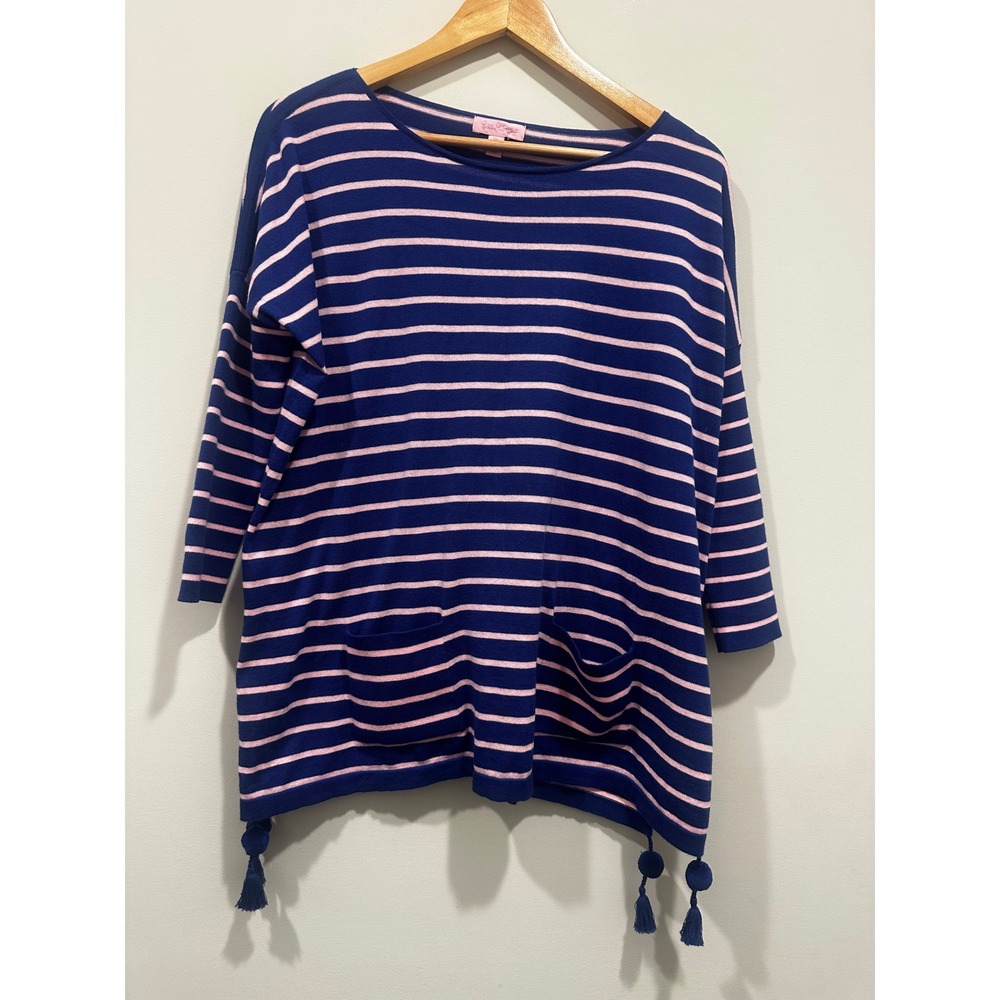 Lilly Pulitzer Navy Blue Pink Striped Oversized Pom Pom Sweater XS Coolmax Top